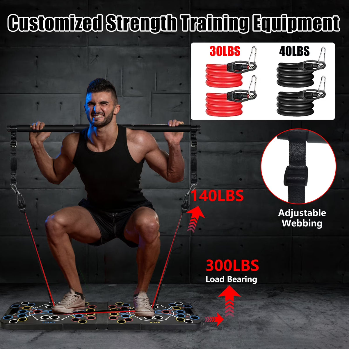 Multifunctional Push up Board for Men Women, Foldable Home Strength Training Equipment with Pilates Bar Resistance Band Roller Wheel, Black