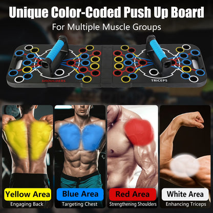 Multifunctional Push up Board for Men Women, Foldable Home Strength Training Equipment with Pilates Bar Resistance Band Roller Wheel, Black