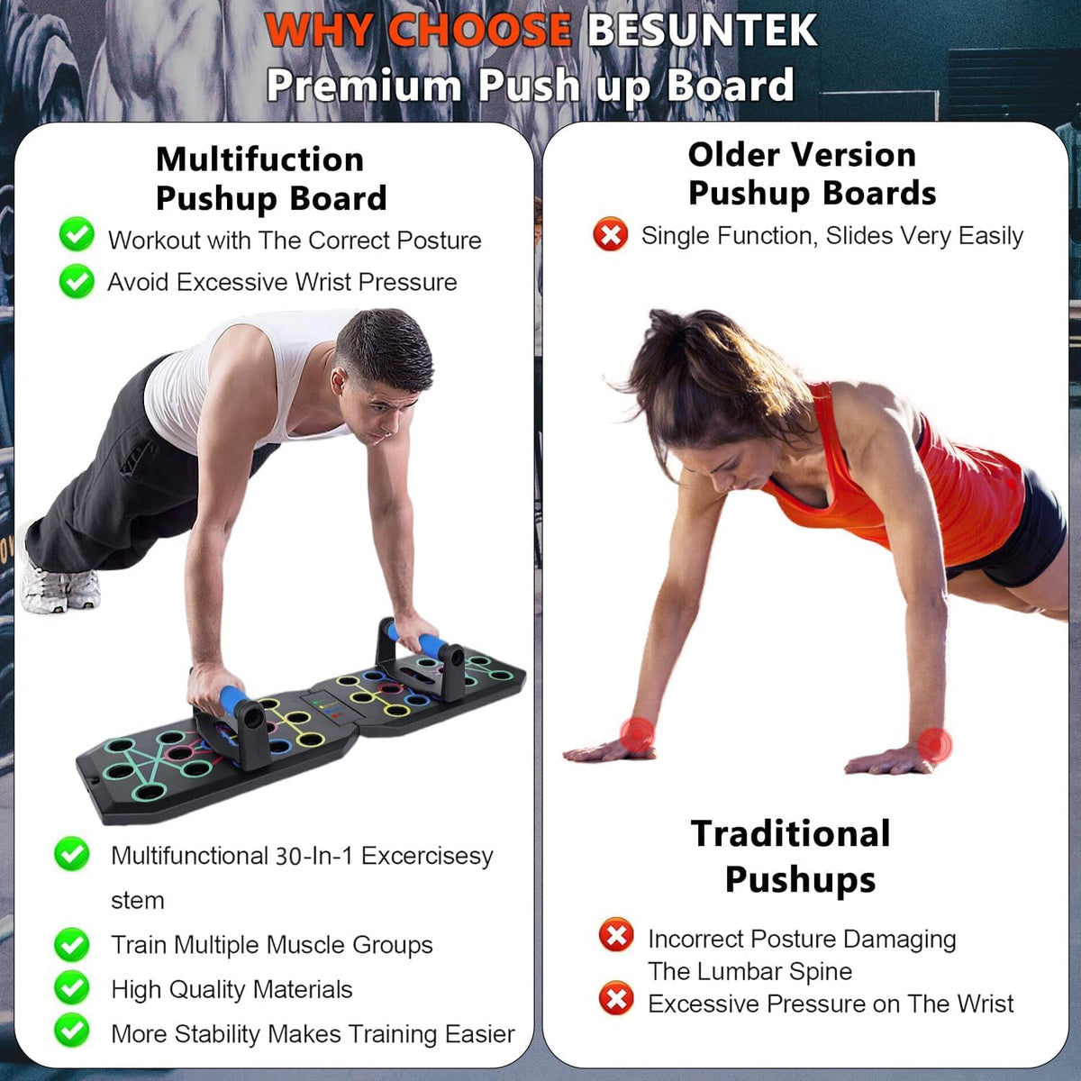 Push up Board Fitness,  Foldable Multi-Function Exercise Board with Elastic Cord for Total Body Workouts, Portable Push up Board for Floor