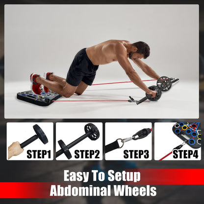 Multifunctional Push up Board for Men Women, Foldable Home Strength Training Equipment with Pilates Bar Resistance Band Roller Wheel, Black