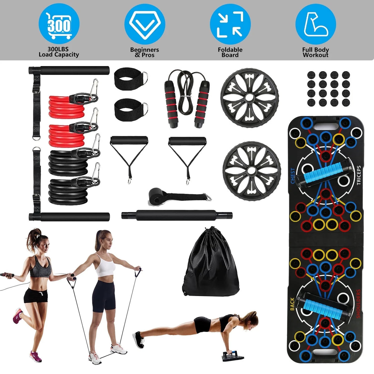 Multifunctional Push up Board for Men Women, Foldable Home Strength Training Equipment with Pilates Bar Resistance Band Roller Wheel, Black