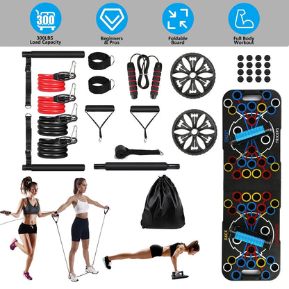 Multifunctional Push up Board for Men Women, Foldable Home Strength Training Equipment with Pilates Bar Resistance Band Roller Wheel, Black