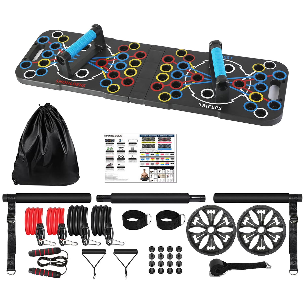 Multifunctional Push up Board for Men Women, Foldable Home Strength Training Equipment with Pilates Bar Resistance Band Roller Wheel, Black